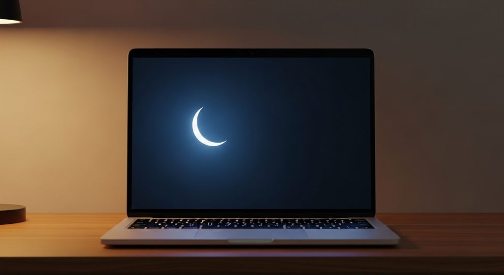 Laptop Wallpaper HD 1080p Aesthetic Dark Blue HD 5 “Minimalist dark blue wallpaper with a glowing crescent moon on plain dark background displayed on a laptop screen.”