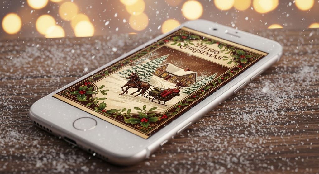 Aesthetic Vintage Brown iPhone Wallpaper 2025: A Cozy Retro Touch 15 iPhone displaying cocoa-toned vintage holiday card wallpaper, surrounded by falling snowflakes and warm festive lights for a cozy winter scene.