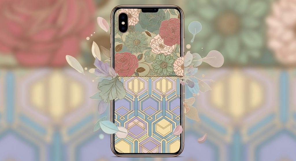 Aesthetic Vintage iPhone Wallpaper: A Timeless Journey for Your Screen 9 :Design an amazing, harmonious image of floral and geometric vintage patterns merging on an iPhone screen, with natural elements like leaves and shapes floating around in pastel shades.