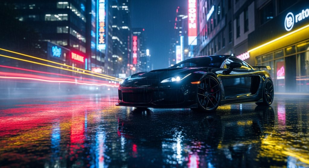 Laptop Wallpaper Aesthetic HD 1920x1080 Dark Cars for Desktop 2 Cinematic HD shot of a sleek black sports car under neon city lights, parked on rain-soaked streets with a dark aesthetic, 1920x1080 wallpaper style.