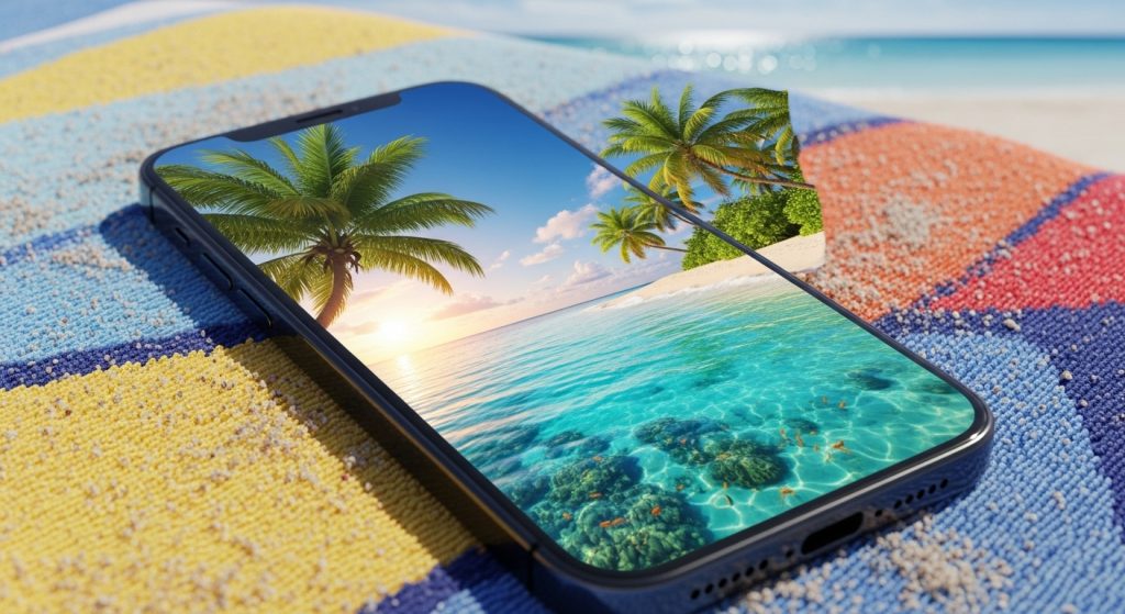 Top Aesthetic Wallpaper Backgrounds for Beach iPhone – HD & Minimal Designs 8 iPhone displaying tropical beach wallpaper with palm trees and turquoise sea.