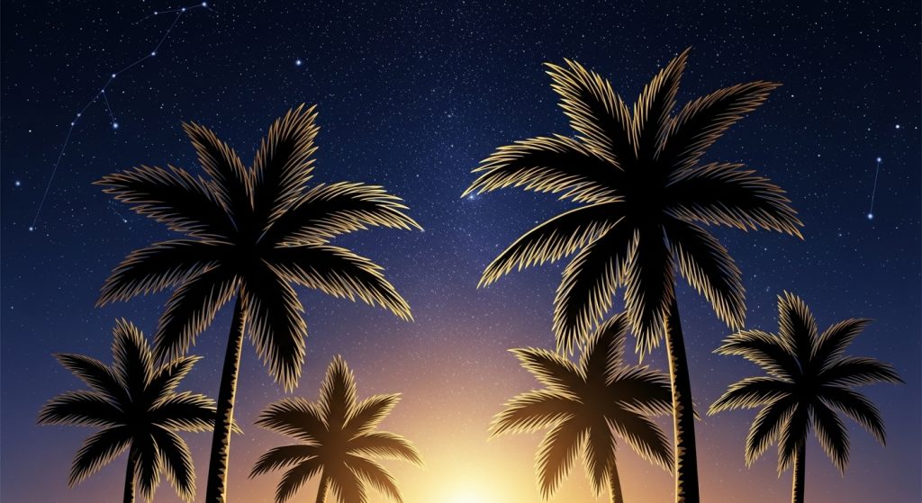 Timeless Beauty in Black: Aesthetic Wallpaper Ideas 4 Generate a vibrant digital artwork of black palm trees with gold outlines under a starry sky, eye-catching in deep contrasts and golden highlights to evoke exotic, trendy delight.