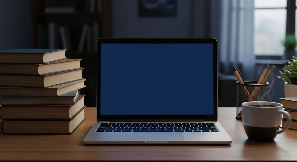 Laptop Wallpaper HD 1080p Aesthetic Dark Blue HD 3 “Cozy desk setup with laptop glowing in dark blue light, books stacked beside it, and a warm coffee cup creating a calm workspace vibe.”