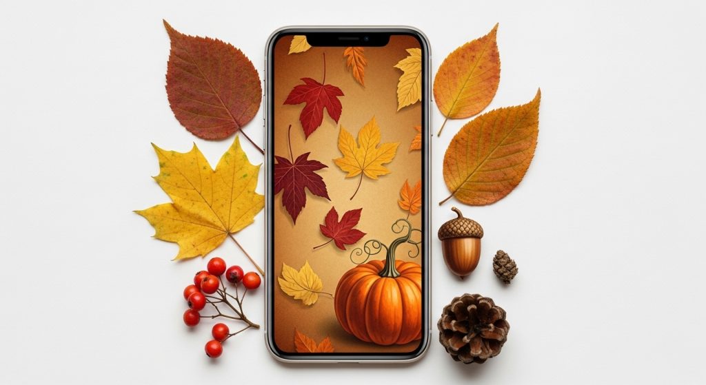 Aesthetic Vintage iPhone Wallpaper: A Timeless Journey for Your Screen 17 Produce a captivating, seasonal image showing four iPhone screens with vintage wallpapers for each season, arranged in a circle with nature elements around.