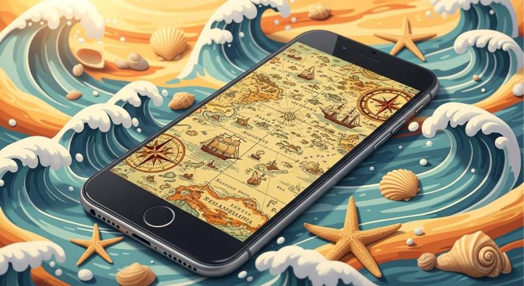 Aesthetic Vintage iPhone Wallpaper: A Timeless Journey for Your Screen 24 Craft a vibrant, summery image of a nautical map wallpaper on an iPhone screen, with waves and seashells splashing around in sunny retro colors.
