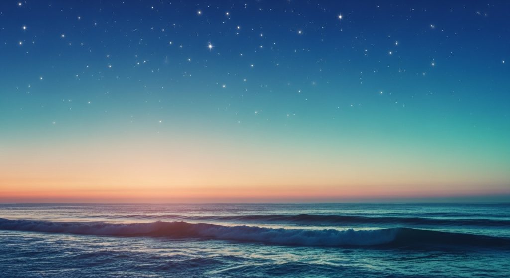 Calm & Cool: Blue Aesthetic Wallpapers for Every Mood 5 Captivating blue horizon with wave silhouettes and starry accents, in cobalt and aqua gradients with gentle lighting for a peaceful, calm atmosphere.