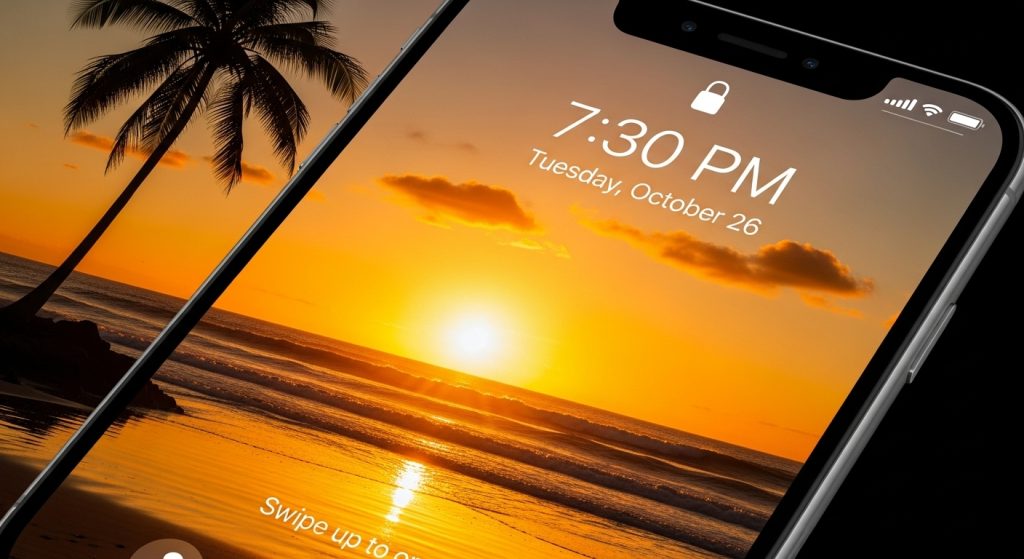 Top Aesthetic Wallpaper Backgrounds for Beach iPhone – HD & Minimal Designs 7 iPhone showing sunset beach wallpaper with golden sky and calm water.