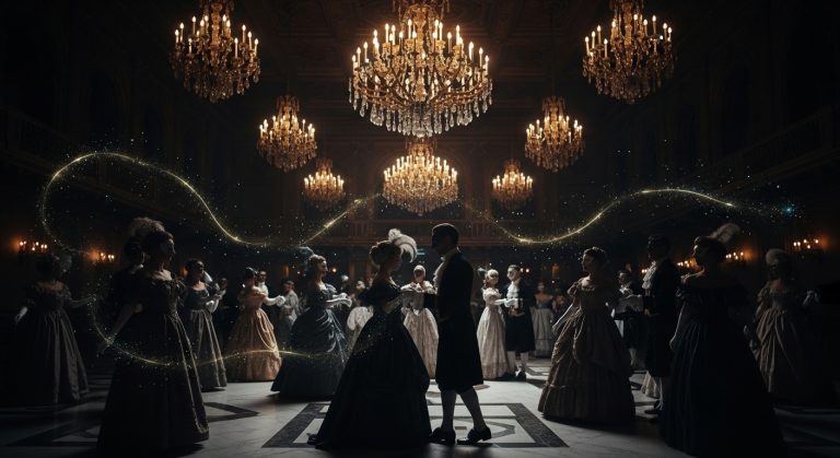 "Black aesthetic wallpaper capturing a grand masquerade ball in a real-life style, with chandeliers glowing over silhouetted guests and magical nocturnal accents.