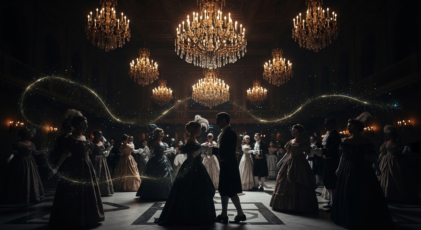 "Black aesthetic wallpaper capturing a grand masquerade ball in a real-life style, with chandeliers glowing over silhouetted guests and magical nocturnal accents.