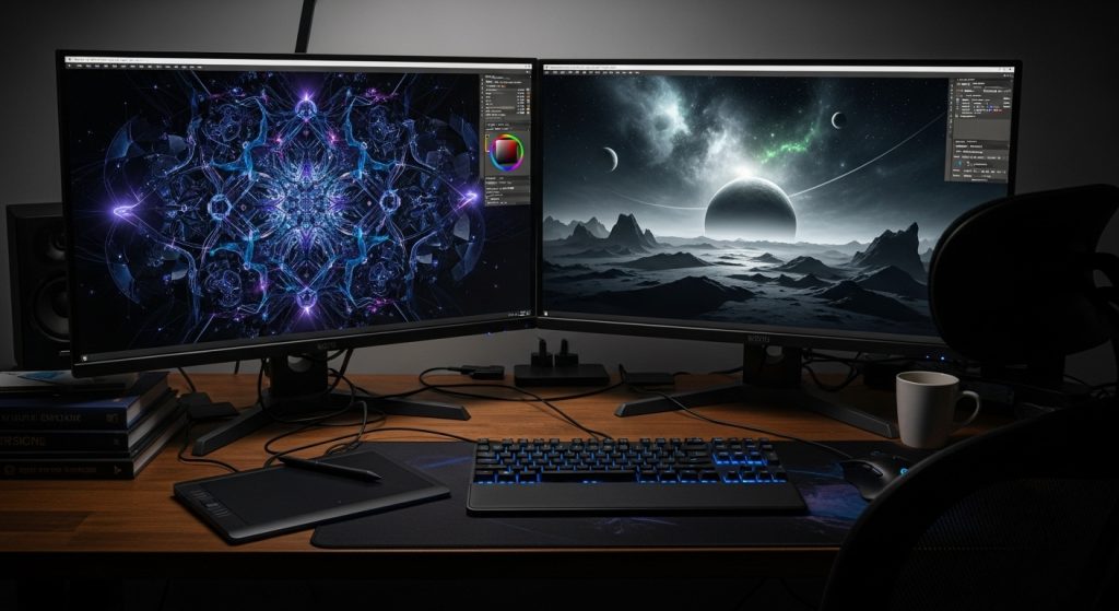 Transform Your Screen with Dark Aesthetic Wallpaper Vibes 9 "Digital artist’s workspace with dual monitors displaying custom-designed dark aesthetic wallpapers."