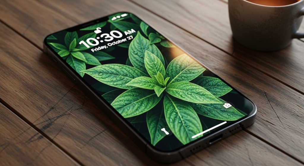 Aesthetic Wallpaper Backgrounds for iPhone HD & Minimal Styles 8 iPhone on a wooden surface with lock screen glowing, featuring a dark green tropical leaves botanical wallpaper.