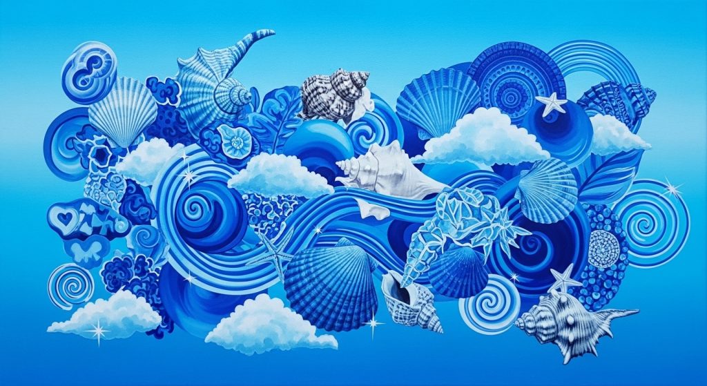 Calm & Cool: Blue Aesthetic Wallpapers for Every Mood 6 "Collage of blue elements including shells, skies, and ripples on a bright canvas, arranged in playful layouts with bold cerulean tones for a fun, energetic look