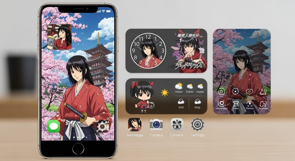 Top Aesthetic Anime Wallpaper Ideas to Personalize Your Screen 9 Phone home screen mockup styled with anime wallpaper, coordinated widgets, and custom icons for a cohesive aesthetic look.