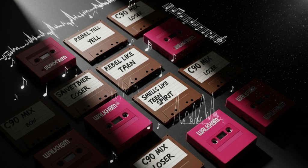 Vintage 90s Retro Brown & Pink iPhone Wallpaper Aesthetic 9 Pink Walkmans and brown mixtapes with grunge fonts, accented by dramatic lighting and musical notes for a bold, edgy retro display.