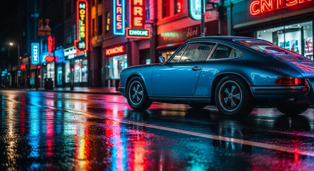 Dark Aesthetic Car Wallpapers for Laptop Sleek & Stylish Backgrounds 4 Vintage Porsche 911 under glowing neon signs on rain-soaked streets, cinematic reflections creating a dark aesthetic car wallpaper for laptop.