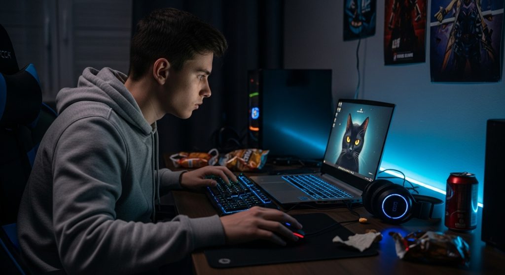 Laptop Wallpaper HD 1080p Aesthetic Dark Cat 7 Gamer sitting in a dimly lit room with a glowing laptop screen displaying a dark black cat wallpaper, creating a moody aesthetic vibe.