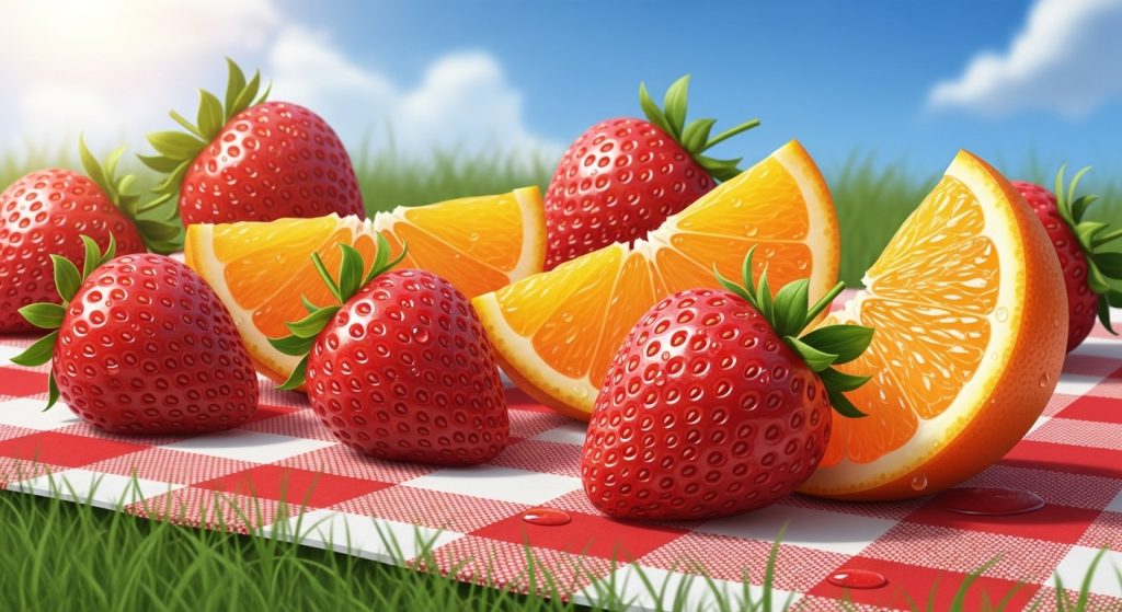 Summer Wallpapers for a Vibrant Vibe 2025 4 Vibrant digital artwork of ripe strawberries and fresh orange slices on a picnic blanket under a sunny sky, with dew drops, rich reds and oranges evoking summer freshness.