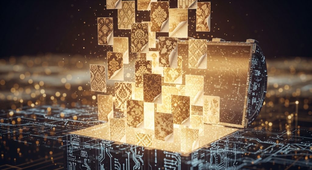 Aesthetic Vintage iPhone Wallpaper: A Timeless Journey for Your Screen 13 Illustrate a beautiful, exploratory image of a digital treasure chest opening to reveal vintage wallpaper thumbnails, in glowing antique gold tones.