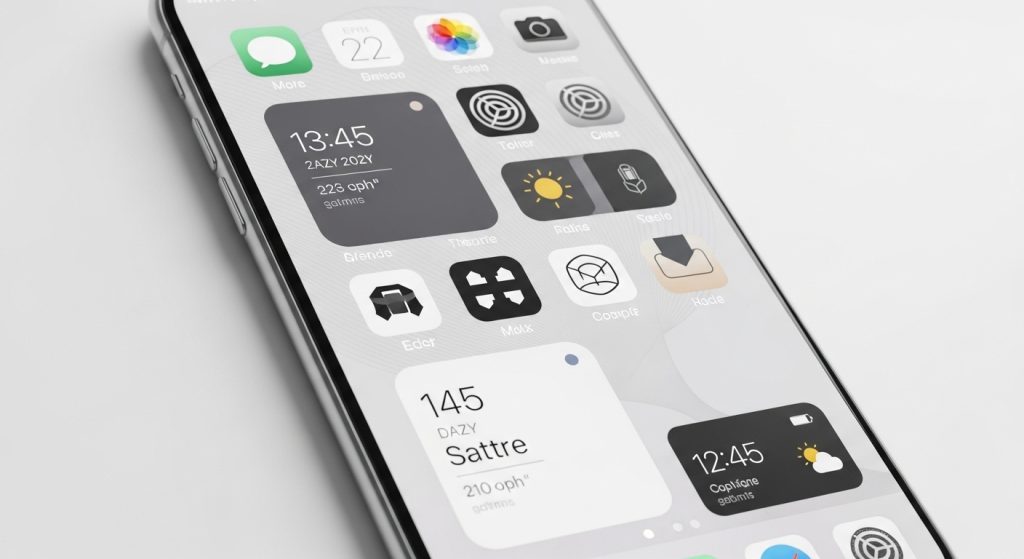 Aesthetic Wallpaper Background iPhone White Minimal & Elegant HD Designs 7 iPhone home screen with an aesthetic white wallpaper background, featuring custom minimal app icons and stylish widgets for a clean look.