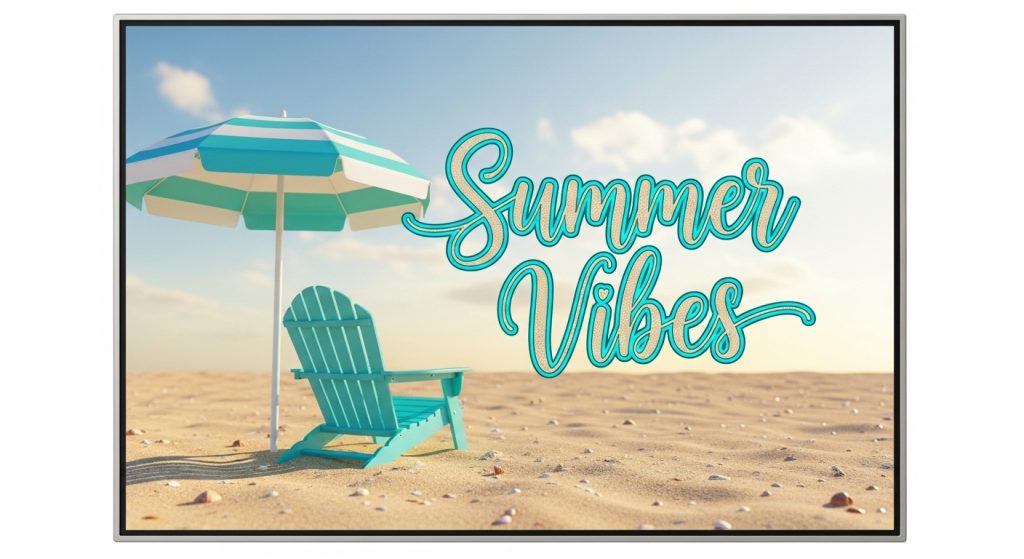 Summer Wallpapers for a Vibrant Vibe 2025 7 Personalized digital frame of a beach chair under an umbrella with "Summer Vibes" in elegant script, featuring sandy textures and turquoise accents for a relaxing summer scene.
