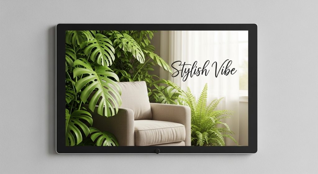 Top Aesthetic iPad Wallpapers for a Minimal & Stylish Look 7 Personalized digital frame with a neutral chair surrounded by botanicals, featuring custom text "Stylish Vibe" in clean script, accented with textured leaves and soft tones for a relaxing scene.