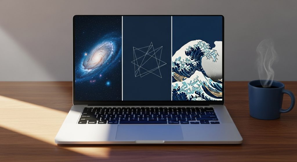 Laptop Wallpaper HD 1080p Aesthetic Dark Blue HD 10 “Laptop displaying interchangeable dark blue wallpapers including galaxy, minimalist lines, and Japanese wave art.” 🌌✨