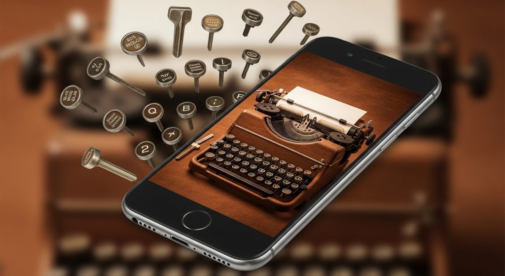 Aesthetic Vintage Brown iPhone Wallpaper 2025: A Cozy Retro Touch 8 Captivating iPhone with retro typewriter wallpaper in warm brown tones, surrounded by floating vintage keys for a nostalgic, character-filled vibe.