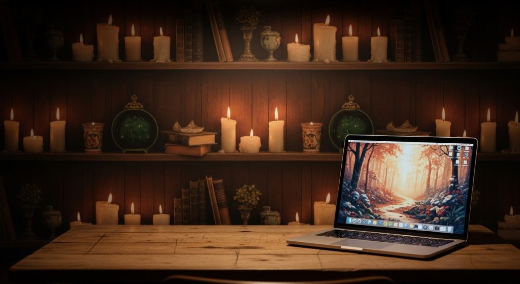 Laptop Wallpaper HD 1080p Aesthetic Vintage Dark Academia Timeless Backgrounds 3 “Laptop on a wooden desk displaying a vintage dark academia wallpaper with candle-lit shelves and warm rustic tones.”