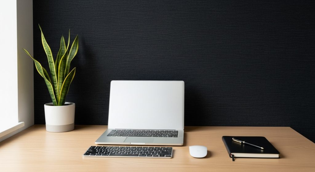 Laptop Wallpaper HD 1080p Aesthetic Dark Simple 6 A modern minimalist desk with laptop, dark wallpaper background, plant and notebook neatly placed, minimal workspace photography.