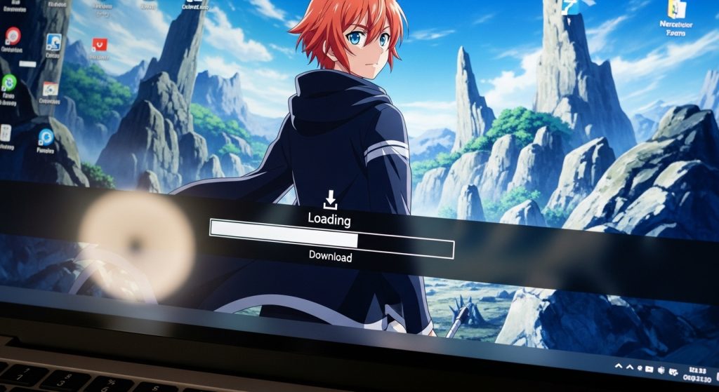 Top 20 Dark Aesthetic Anime Wallpapers in HD 1080p for Laptops 12 Laptop screen with download bar, anime wallpaper loading in high resolution safely.