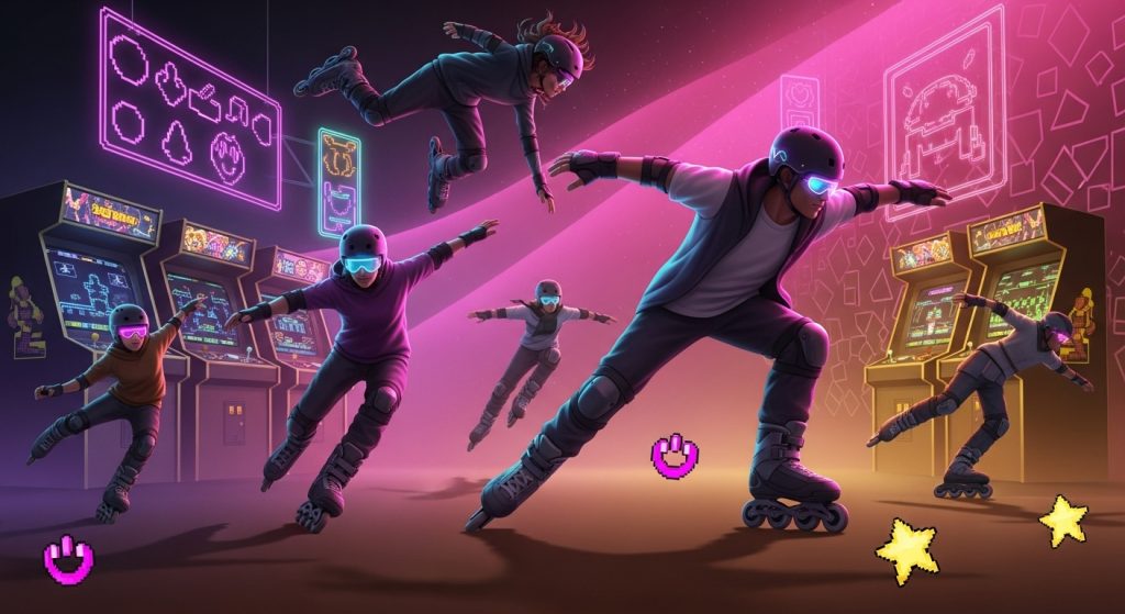Vintage 90s Retro Brown & Pink iPhone Wallpaper Aesthetic 3 Dynamic rollerblading figures against arcade backgrounds in vibrant pink and earthy brown, with pixel art elements and soft gradients creating an amazing, energetic retro atmosphere.