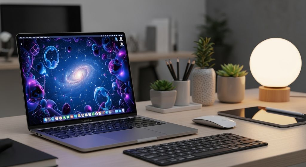 Laptop Wallpaper HD 1080p Aesthetic Dark Blue HD 6 “Laptop displaying surreal dark blue wallpaper with galaxies and abstract glowing shapes on a designer’s desk.”