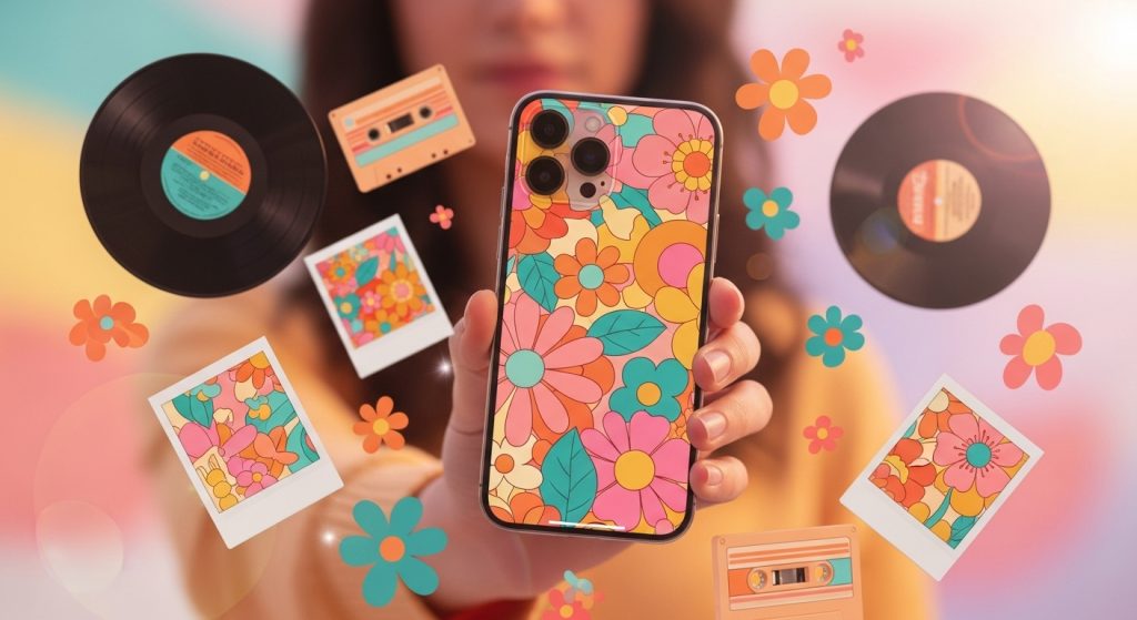 Aesthetic Vintage iPhone Wallpaper: A Timeless Journey for Your Screen 3 Design an amazing, vibrant image of a person holding an iPhone with a retro floral wallpaper on screen, surrounded by floating nostalgic elements like vinyl records and polaroids, in warm pastel colors.