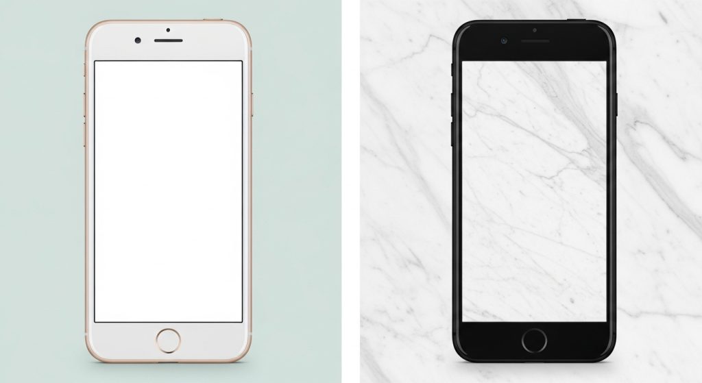 Aesthetic Wallpaper Background iPhone White Minimal & Elegant HD Designs 6 iPhone screen mockup showing two styles of white wallpapers – one plain minimal and the other with a textured marble aesthetic background.