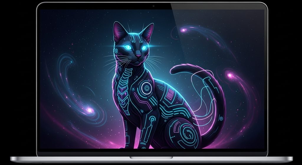 Laptop Wallpaper HD 1080p Aesthetic Dark Cat 13 Laptop screen displaying a futuristic glowing black cat wallpaper in full HD 1080p resolution.
