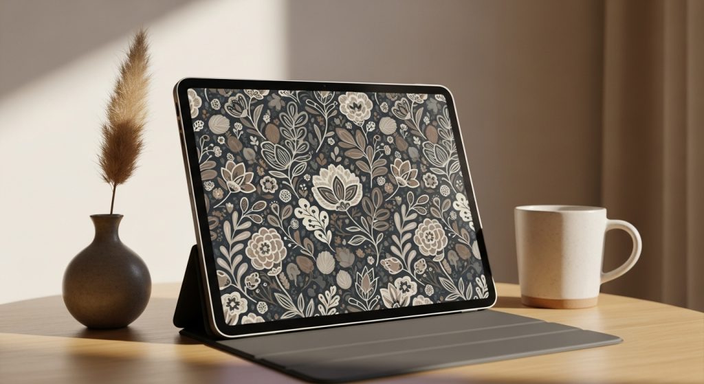 Top Aesthetic iPad Wallpapers for a Minimal & Stylish Look 3 Illustrate an eye-catching iPad display with boho floral patterns in earthy greys, in high-contrast neutrals for an immersive, grounded vibe.
