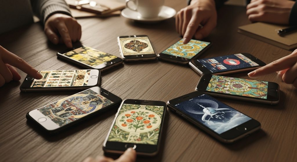 Aesthetic Vintage iPhone Wallpaper: A Timeless Journey for Your Screen 21 Generate an eye-catching, communal image of multiple iPhones displaying customized vintage wallpapers, arranged in a circle like a sharing session, in warm collaborative tones.