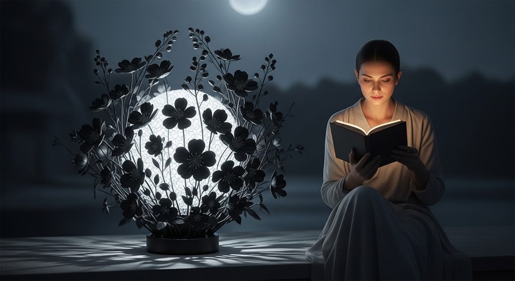 Timeless Beauty in Black: Aesthetic Wallpaper Ideas 10 "Person reading beside a black floral device in moonlight tones of ebony and silver, creating an uplifting and serene atmosphere."