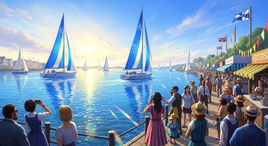 Calm & Cool: Blue Aesthetic Wallpapers for Every Mood 11 "Panoramic view of a blue harbor festival with sails over sparkling waters, people gathering in vivid daytime colors and glowing waves for a celebratory, magical atmosphere.