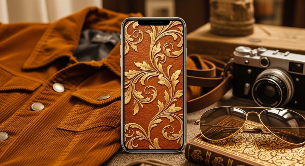 Aesthetic Vintage Brown iPhone Wallpaper 2025: A Cozy Retro Touch 5 Elegant iPhone displaying brown leather wallpaper with gold accents, surrounded by retro fashion items including vintage corduroy jackets.