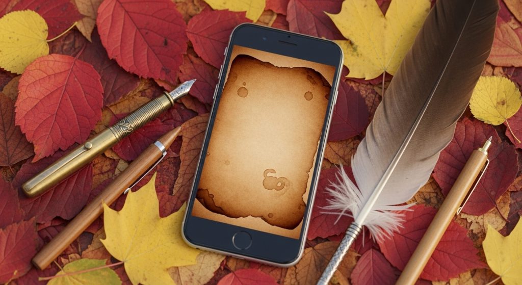 Aesthetic Vintage Brown iPhone Wallpaper 2025: A Cozy Retro Touch 12 iPhone displaying brown parchment wallpaper with coffee stains, surrounded by autumn leaves and vintage pens for a warm, seasonal aesthetic.