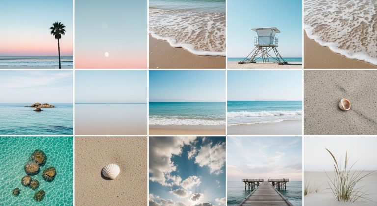“iPhone lock screen displaying aesthetic beach wallpaper with soft waves, clear sky, and minimal HD design for a stylish look.”
