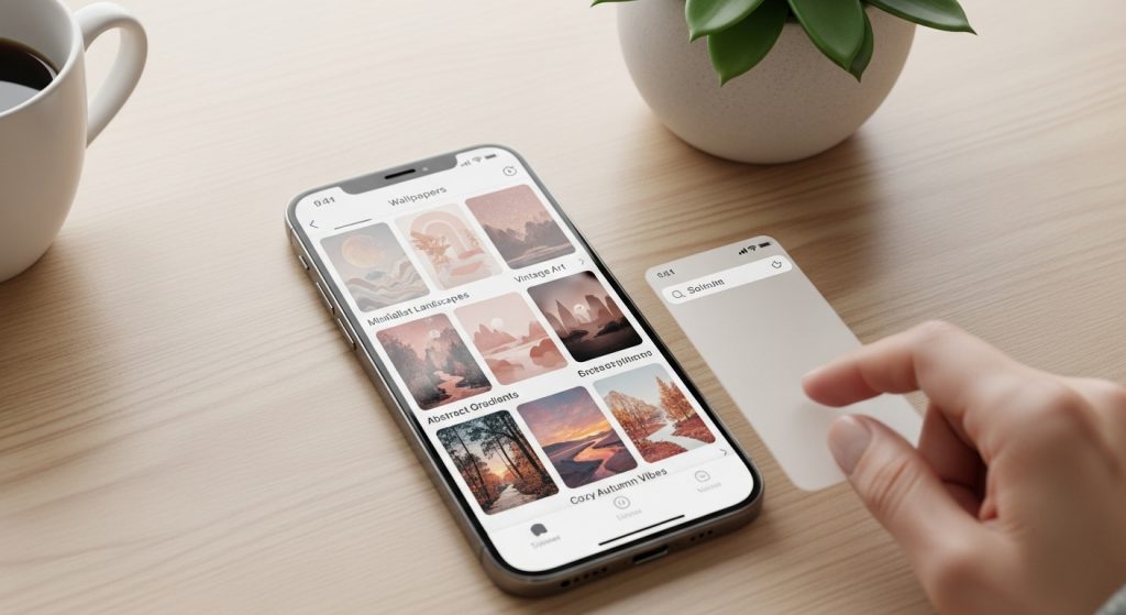 Aesthetic Wallpaper Backgrounds for iPhone HD & Minimal Styles 12 iPhone on a desk displaying Pinterest wallpapers, user scrolling through aesthetic wallpaper categories.