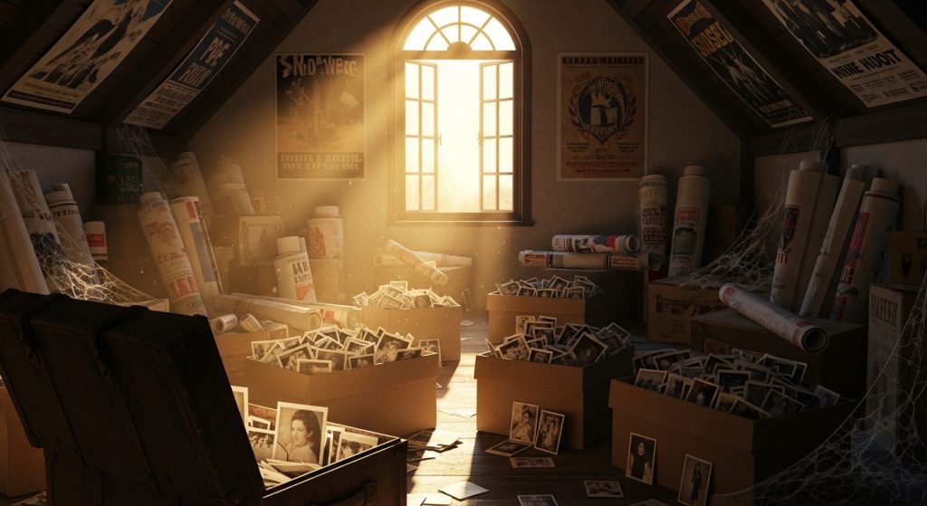 Aesthetic Vintage iPhone Wallpaper: A Timeless Journey for Your Screen 2 Create a beautiful, eye-catching image of an open attic with sunlight streaming in, revealing stacks of old posters and photos in soft sepia tones, evoking nostalgia and wonder.