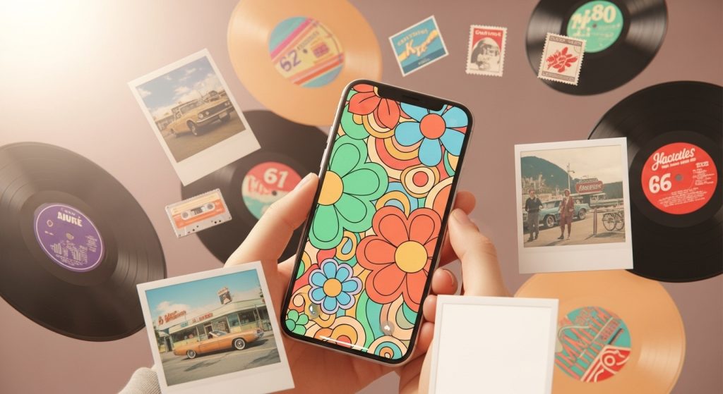 Aesthetic Vintage iPhone Wallpaper: A Timeless Journey for Your Screen 4 Design an amazing, vibrant image of a person holding an iPhone with a retro floral wallpaper on screen, surrounded by floating nostalgic elements like vinyl records and polaroids, in warm pastel colors.