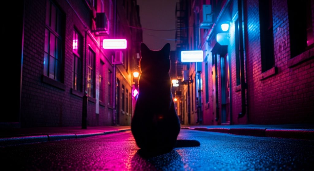 Laptop Wallpaper HD 1080p Aesthetic Dark Cat 4 Dark silhouette of a cat in an urban alley glowing with neon pink and blue lights, aesthetic laptop wallpaper style.