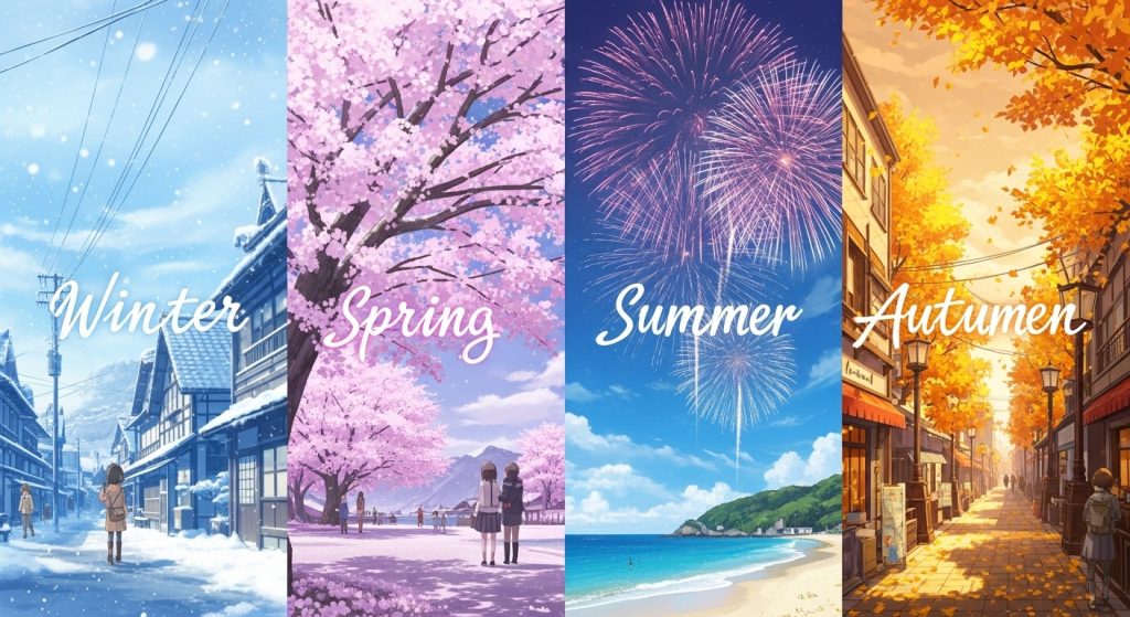 Top Aesthetic Anime Wallpaper Ideas to Personalize Your Screen 7 Collage of four anime wallpapers in one frame: a snowy winter town, a spring cherry blossom park, summer fireworks by the beach, and an autumn city with golden leaves.