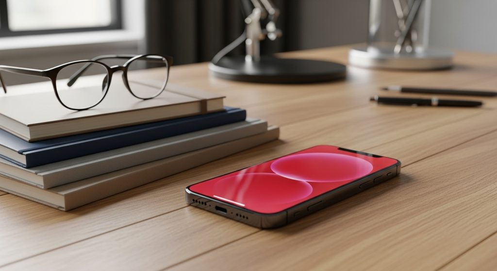 Aesthetic Wallpaper Background iPhone Red Bold & Stylish HD Designs 11 An iPhone with a simple red wallpaper placed on a work desk with notebooks and glasses.