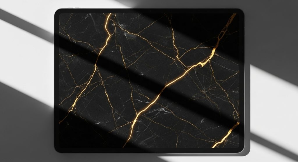 Timeless Beauty in Black: Aesthetic Wallpaper Ideas 3 Illustrate an eye-catching tablet screen with a black marble pattern featuring gold veins, in high-contrast shadows for an immersive, upscale vibe.