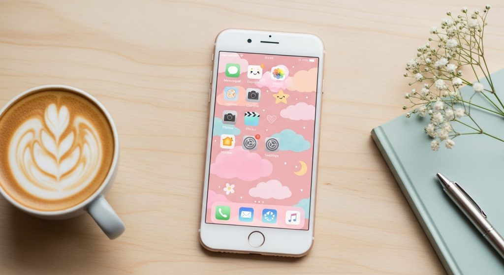 Top Cute Aesthetic Wallpapers for iPhone Backgrounds 2 A flat lay of an iPhone with a pastel pink wallpaper featuring soft clouds, cute doodles, and minimal icons – soft lighting aesthetic.